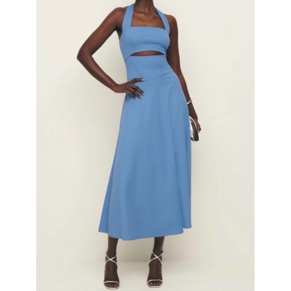 Reformation Dresses & Skirts - Reformation Sonali Knit Dress Blue Halter Neck Cutout Midi Dress Size S